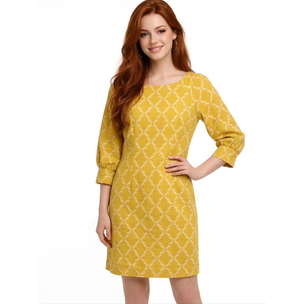 Boden Kate Mustard Yellow Pineapple 3/4 Sleeve 100% Linen Dress Size 8 Petite